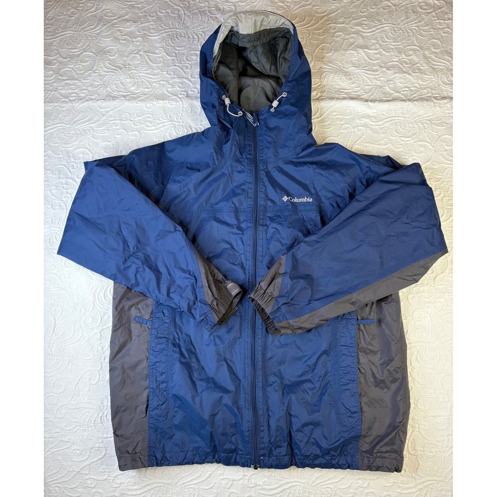 Columbia Mens Rain Jacket Hooded Blue Grey‎ Colorblock Windbreaker RM 2129 Large